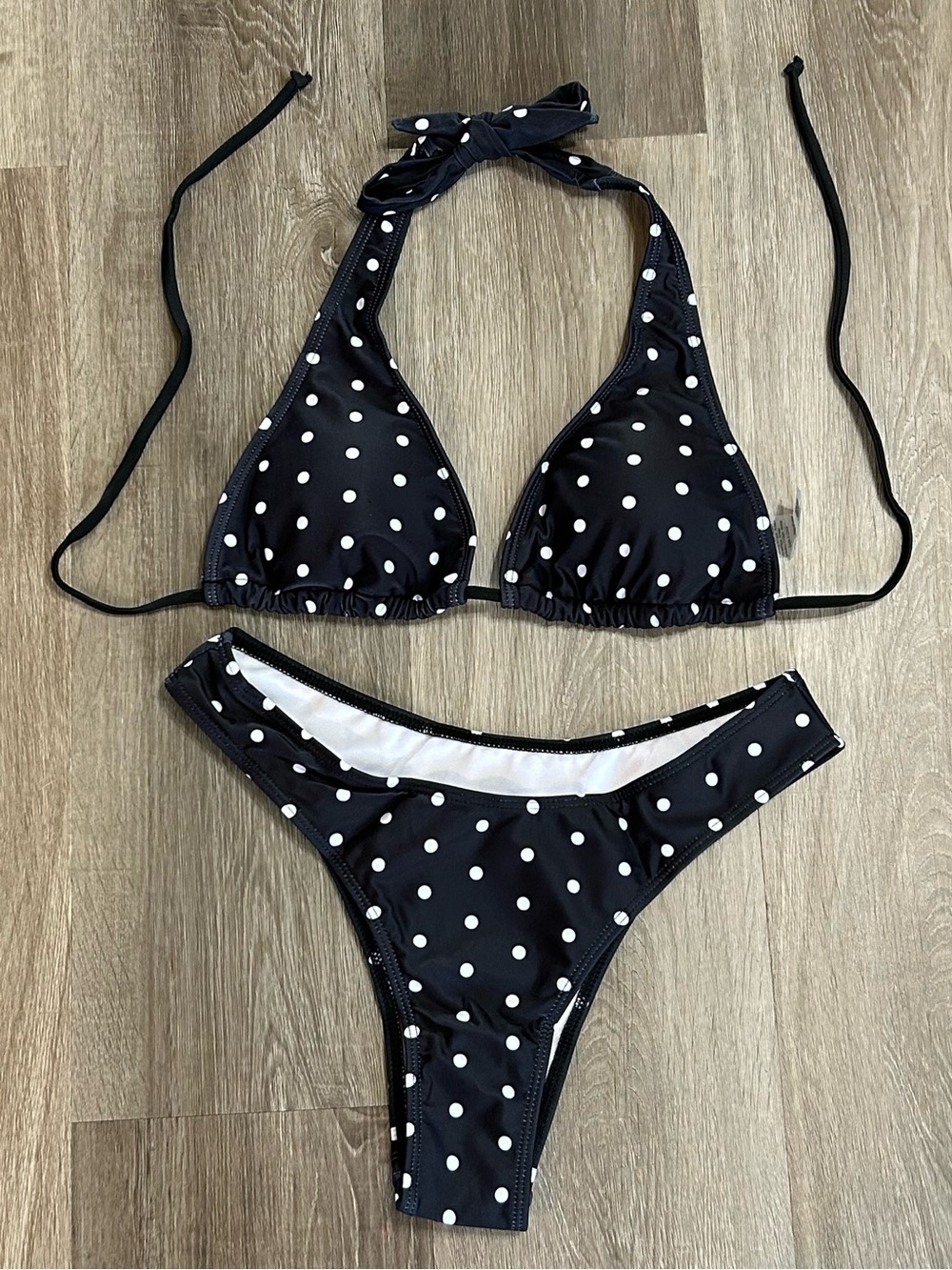 Black White Polka Dot Halter Triangle Bikini Set High Cut Thong Bottoms Size M